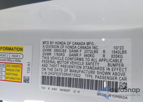 2024 Honda Civic Sport from USA, damaged, VIN 2HGFE2F55RH515922